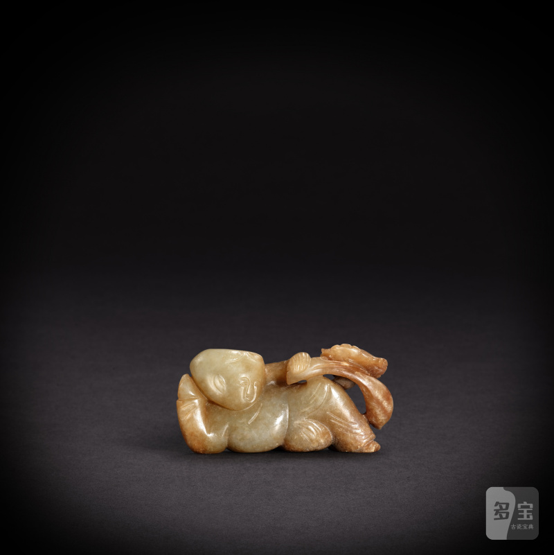 A pale celadon jade ' boy and lotus' group, Song dynasty | 宋 青白玉持蓮童子把件